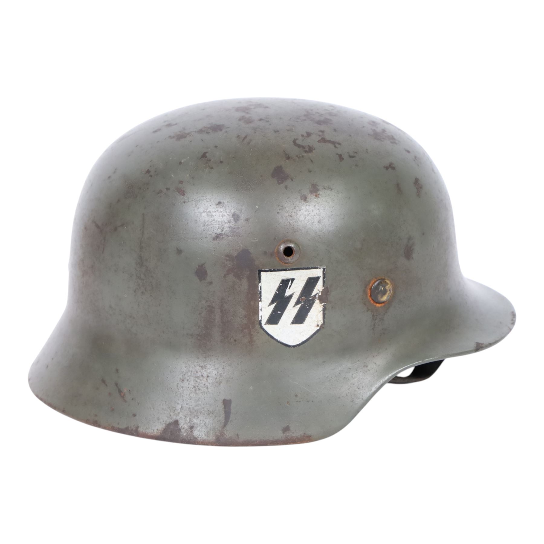 German Third Reich Waffen-SS M35 double decal helmet, the left inner brim stamped SF64, the back inner brim stamped 3866, with leather eight tongue liner and chinstrap