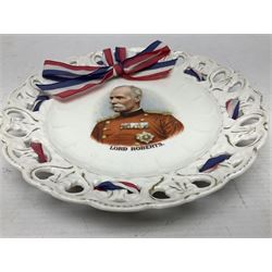 Victorian oblong wall plaque decorated with a head and shoulder portrait of Field-Marshall Lord Roberts V.C. H22.5cm; and two plates decorated with portraits of Lord Roberts and Lord Kitchener (3)