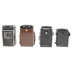Four medium format TLR cameras, comprising Zeiss Ikon Ikoflex serial no. TD17003 with Tessar 1:3.5 f=7.5cm and Teronar Suchar-Anastigmat 1:3.5 f=7.5cm lenses, Franke & Heidecke Rolleiflex serial no. 1164037 with Tessar 1:2.8 f=80mm and Heidoscop-Anastigmat 1:2.8 f= 80mm lenses, Yashica-Mat Copal MXV serial no. MT 2050640 with Yashinon 1:3.5 f=80mm and View-Yashinon 1:3.2 f=80mm lenses and a Lomo Lubitel 166B serial no. 83169658 with T-22 4.5/75 lenses