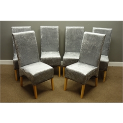  Set of six modern high back dining chairs upholstered in grey plush on tapered supports (6)  