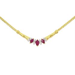 18ct gold marquise cut ruby and round brilliant cut diamond necklace, stamped