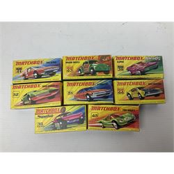 Matchbox 1-75 Series 'Superfast' ex-shop stock - eight models ccomprising 30d Beach Buggy, 41d Siva Spyder, 43d Dragon Wheels, 44d Boss Mustang, 45c Ford Group 6, 51d Citroen S.M., 52c Dodge Charger Mk.III and 75c Alfa Carabo in 39d Clipper box; all boxed (8)