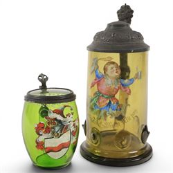 19th century German green glass stein, enamel decorated with a gentleman holding a stein, ...