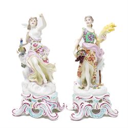 *18th century Chelsea porcelain vase, c1756-1759, with moulded floral decoration, with reserve panels of birds, gold anchor mark to base, H21cm; together with a pair of Sampson figures in Chelsea style, modelled as two female figures holding a peacock and corn, H22, and one further pair of Sampson figures, H17cm (5)From the Kirkham Hall Attic & Cellar Collection, sold without reserve