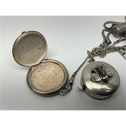 Victorian style silver chatelaine necklace, suspending eight silver sewing and similar accessories, including tape measure, needle case, pencil holder, powder compact and pill box