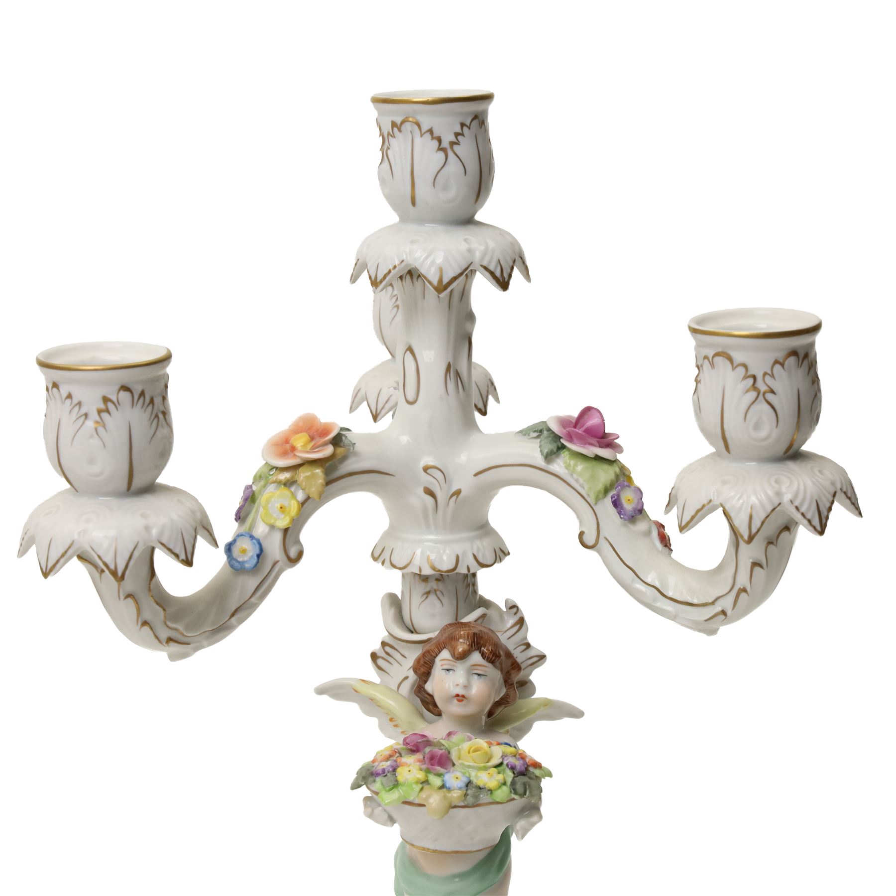 Pair of German porcelain three branch candelabra, the based modelled with putti holding flowers, printed blue mark to base, H35cm (2)