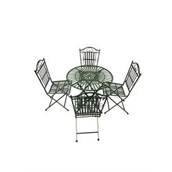Wrought metal slatted round folding garden table and four chairs in green finish - THIS LOT IS TO BE COLLECTED BY APPOINTMENT FROM DUGGLEBY STORAGE, GREAT HILL, EASTFIELD, SCARBOROUGH, YO11 3TX
