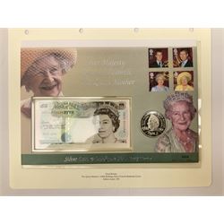 Four coin covers, comprising 2000 'The Queen Mother's 100th Birthday Silver Coin & Banknote Cover' limited edition 56/500, 2000 'Charles Darwin Commemorative Coin & Banknote Cover' limited edition 68/500, 2001 'Celebrating the 100th Birthday of Her Majesty The Queen Mother' containing  a 1999 silver one pound coin and 2001 'Royal Navy Submarines 100th Anniversary Cover' containing 2001 Turks & Caicos Islands 20 crowns silver coin