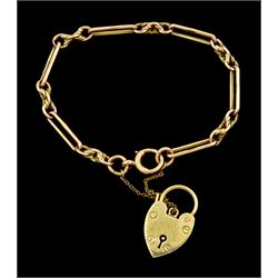 Early 20th century 9ct rose gold bar and knot design link bracelet, each link stamped 9.375 with later 9ct gold heart locket clasp, hallmarked