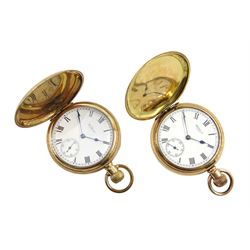 Gold-plated full hunter keyless Swiss lever Traveller pocket watch by Waltham U.S.A, No. 23400017 and one other gold-plated full hunter lever pocket watch by Waltham, No. 24666217, both with white enamel dials and subsidiary seconds dials (2)