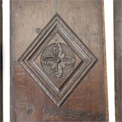 Set of four 17th century carved panels with lozenge decoration, and three further carved panels, lozenge panels approx 36.5cm x 24cm, three further 35cm x 10cm 