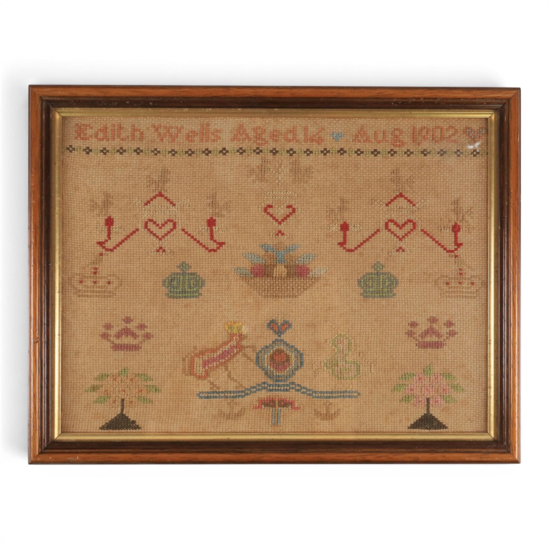 Late 19th early alphabet cross stitch sampler by E Wells age 13, together with two others 