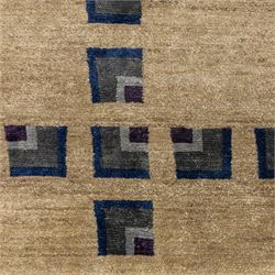 Rugs by Design - ‘Silk Stone’ Nepalese thick pile wool rug, with plain textured camel ground and geometric border detail in blue, grey and dark tones to all four sides