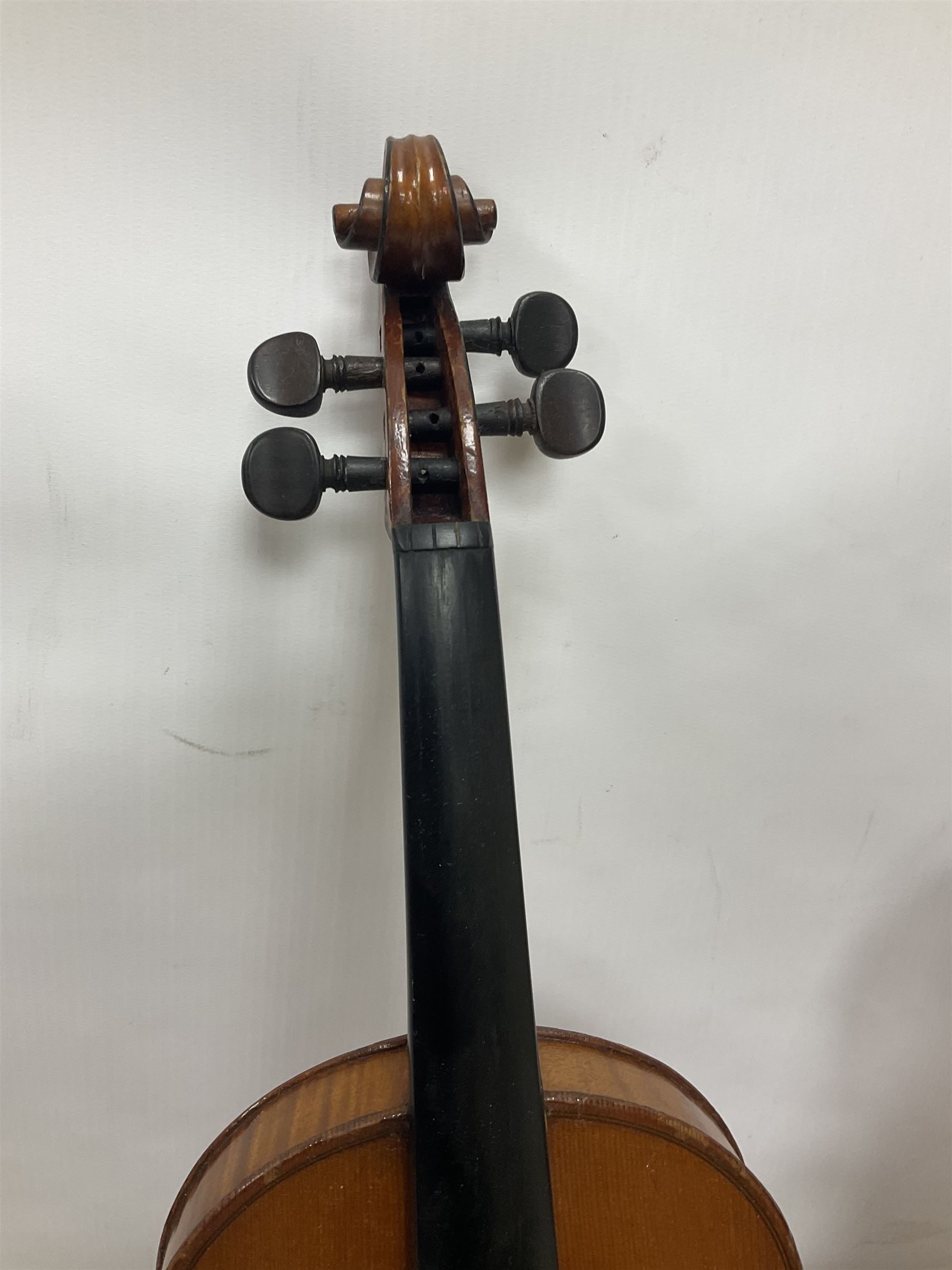 Four violins 1/8th size; half size with Nicolas Bertholini label; three-quarter size with Stradivarius copy label; and full size with Marquis De L'Air label (4)