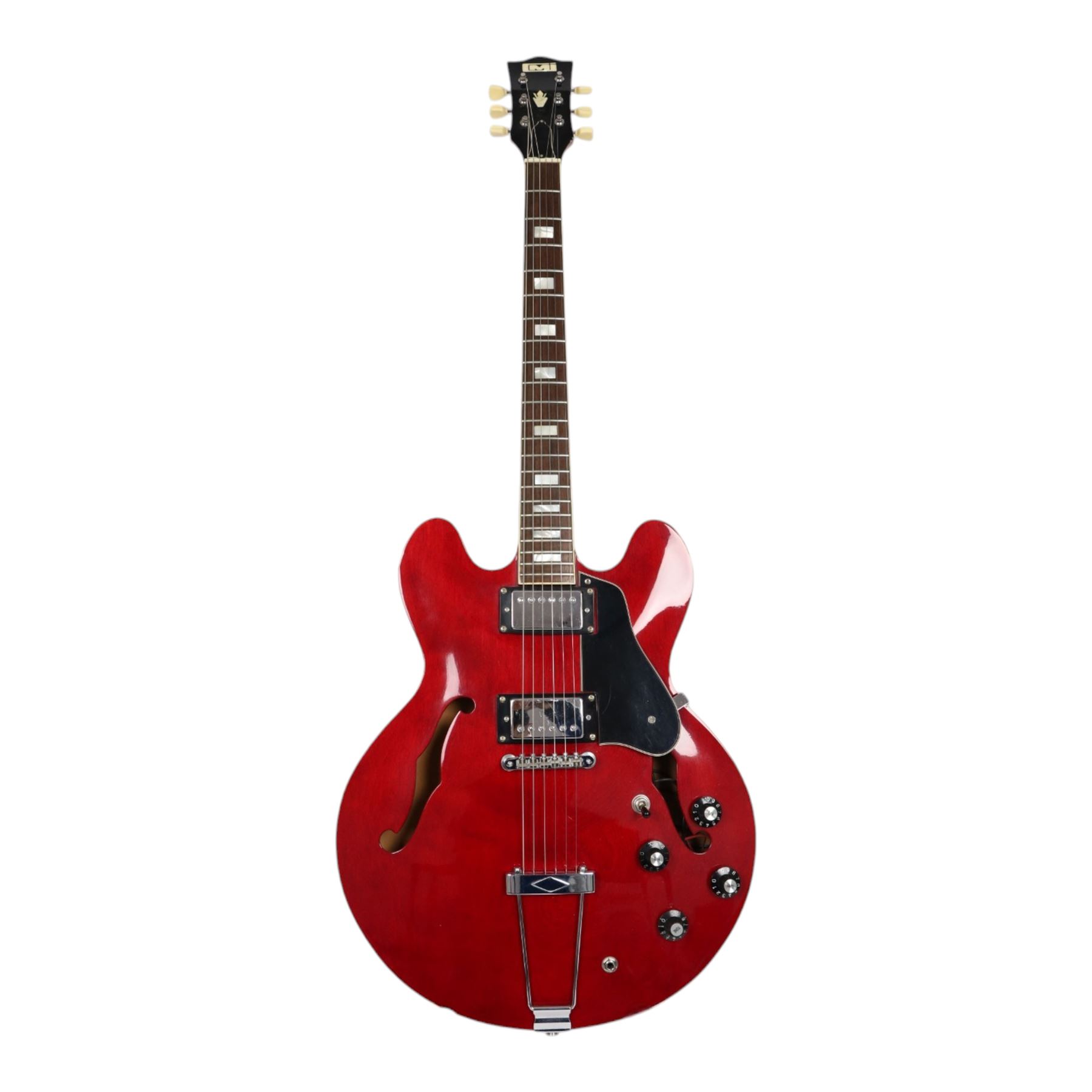 1970s 'lawsuit era' CMI Marshall ES-335 a Japanese-made copy of the Gibson ES-335, semi-hollow body electric guitar in cherry red finish, contained within a fitted hard case, guitar length L106cm