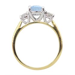 18ct gold three stone aquamarine and diamond ring, hallmarked, total diamond weight 0.40 carat, aquamarine approx 1.25 carat