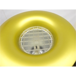  1980s Kaoyi up-light floor lamp, white plastic conical form body, gold coloured ring top with clear plastic gird and dimmer switch, H79cm x D30cm  