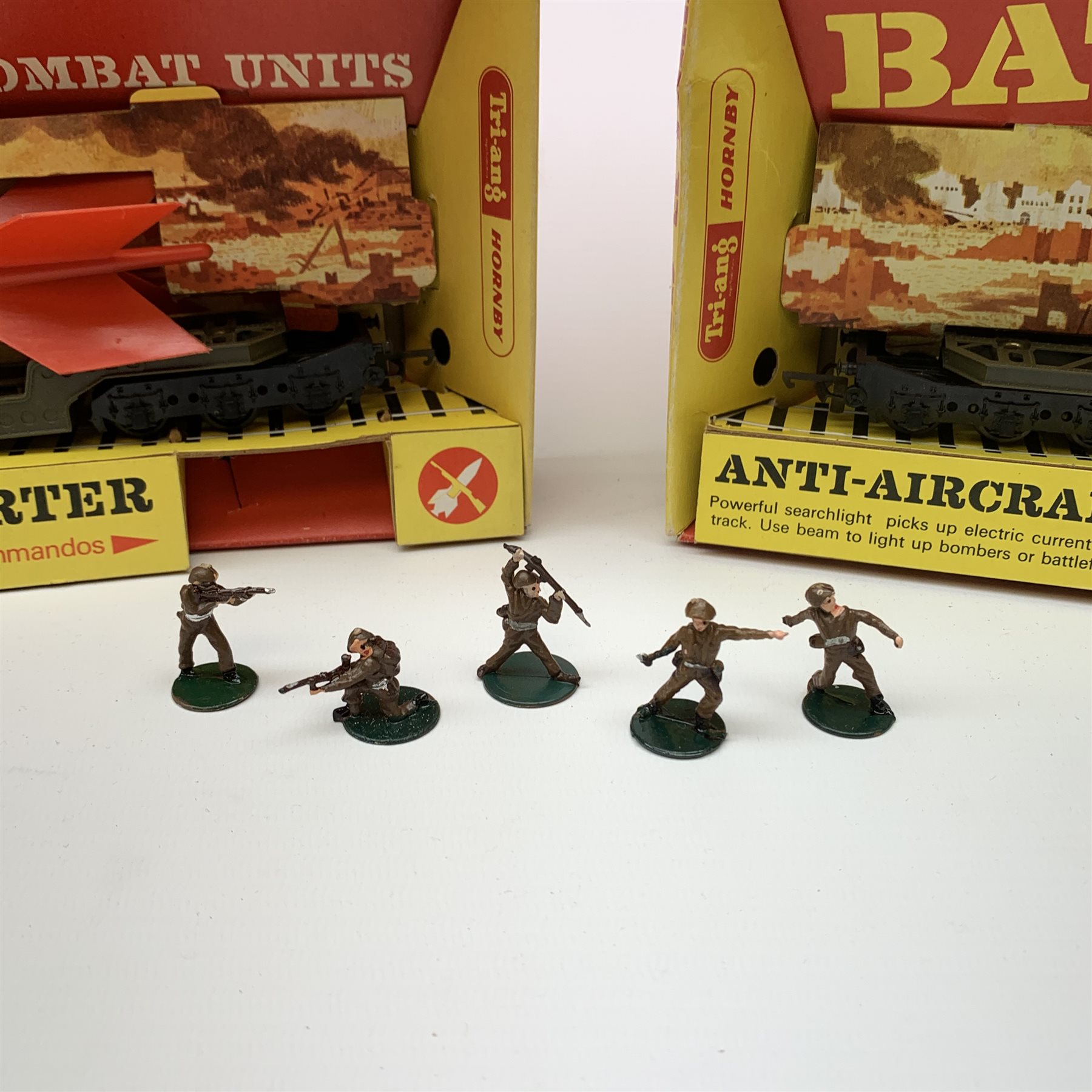 Tri-ang/Hornby '00' gauge - Battle Space Medical Corps Ambulance Car, Red Arrow Bomb Transporter and Anti-Aircraft Searchlight Wagon; with five Battle Space Commando figures, all boxed, one with cardboard slip-case (3)