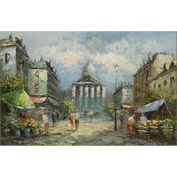 French School (20th century): Parisian Street Scene with Figures and Flower Market, oil on canvas signed 'Burnett' 60cm x 90cm