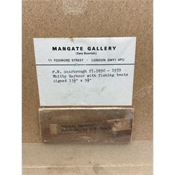 Frank (Frederick) William Scarborough (British 1860-1939): Whitby and Kirkcaldy boats in Harbour, watercolour signed 33.5cm x 24cm 
Provenance: with the Mangate Gallery London, label verso