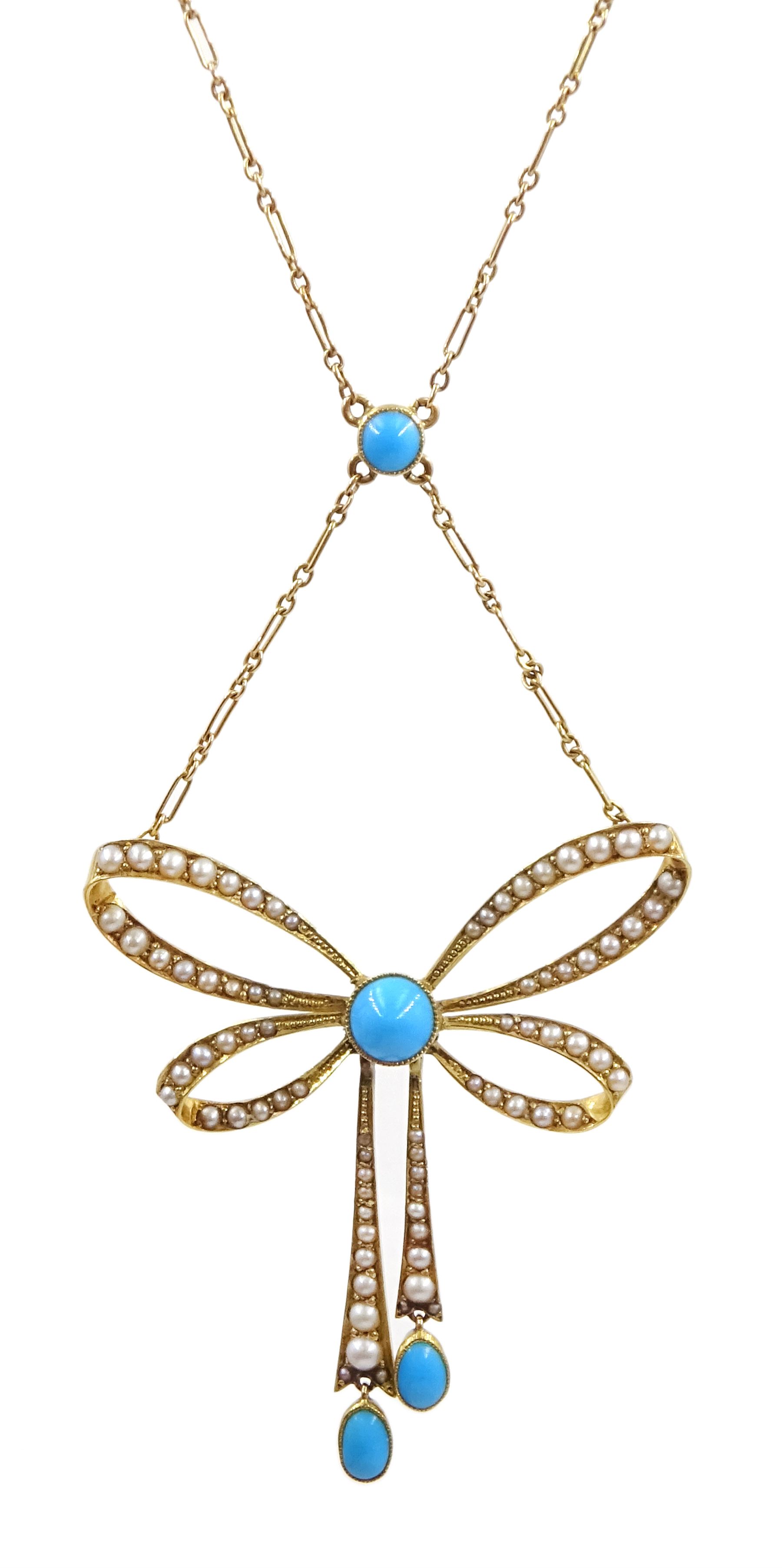 Edwardian 15ct gold turquoise and seed pearl pendant bow necklace, stamped