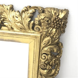  19th century gilt wood and gesso wall mirror, rectangular and upright plate in acanthus scroll pierced and carved frame, W92cm, H114cm  