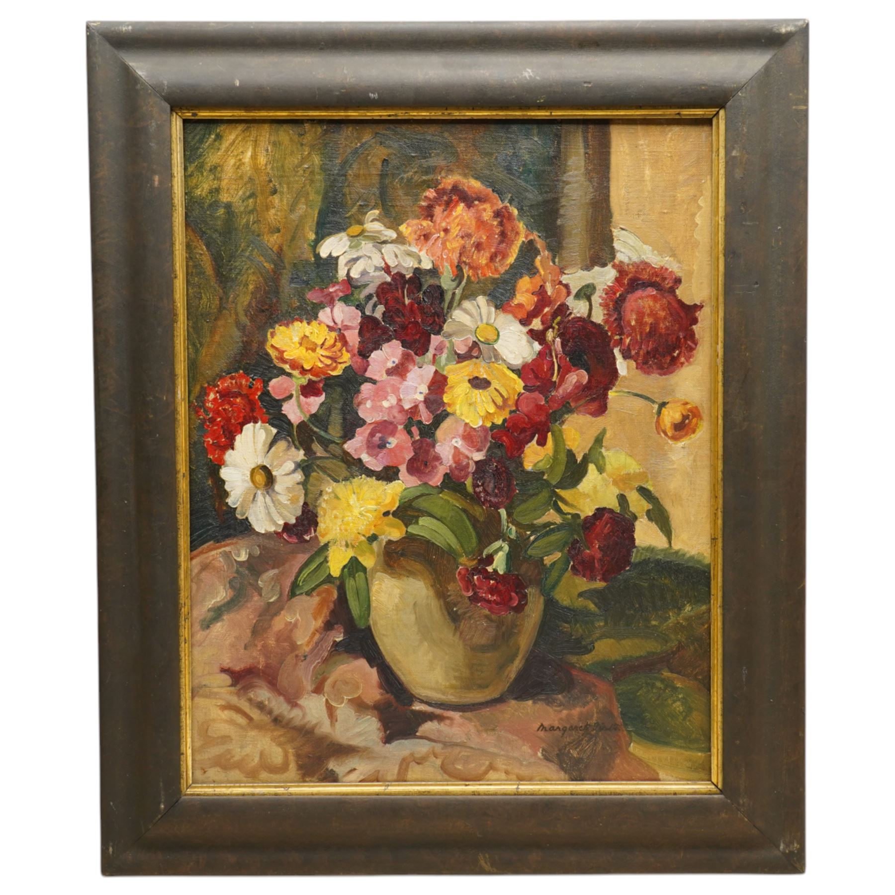 Margaret Firth (British 1898-1991): Still Life of Flowers in a Vase, oil on canvas signed, labels verso 48cm x 38cm