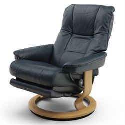 Ekornes - Stressless 'Mayfair, Classic Power' motorised swivel recliner armchair, size medium, upholstered in blue leather, raised on an oak finish frame