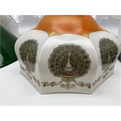 Milk glass lampshade decorated with peacocks, together with a Tiffany style lampshade, a set of five white frilled lamps shades etc 
