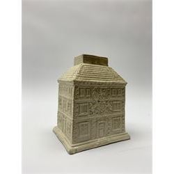 18th century Staffordshire salt glazed stoneware tea caddy, cast as a three story house with British Coat of Arms above the doors front and verso, H12cm