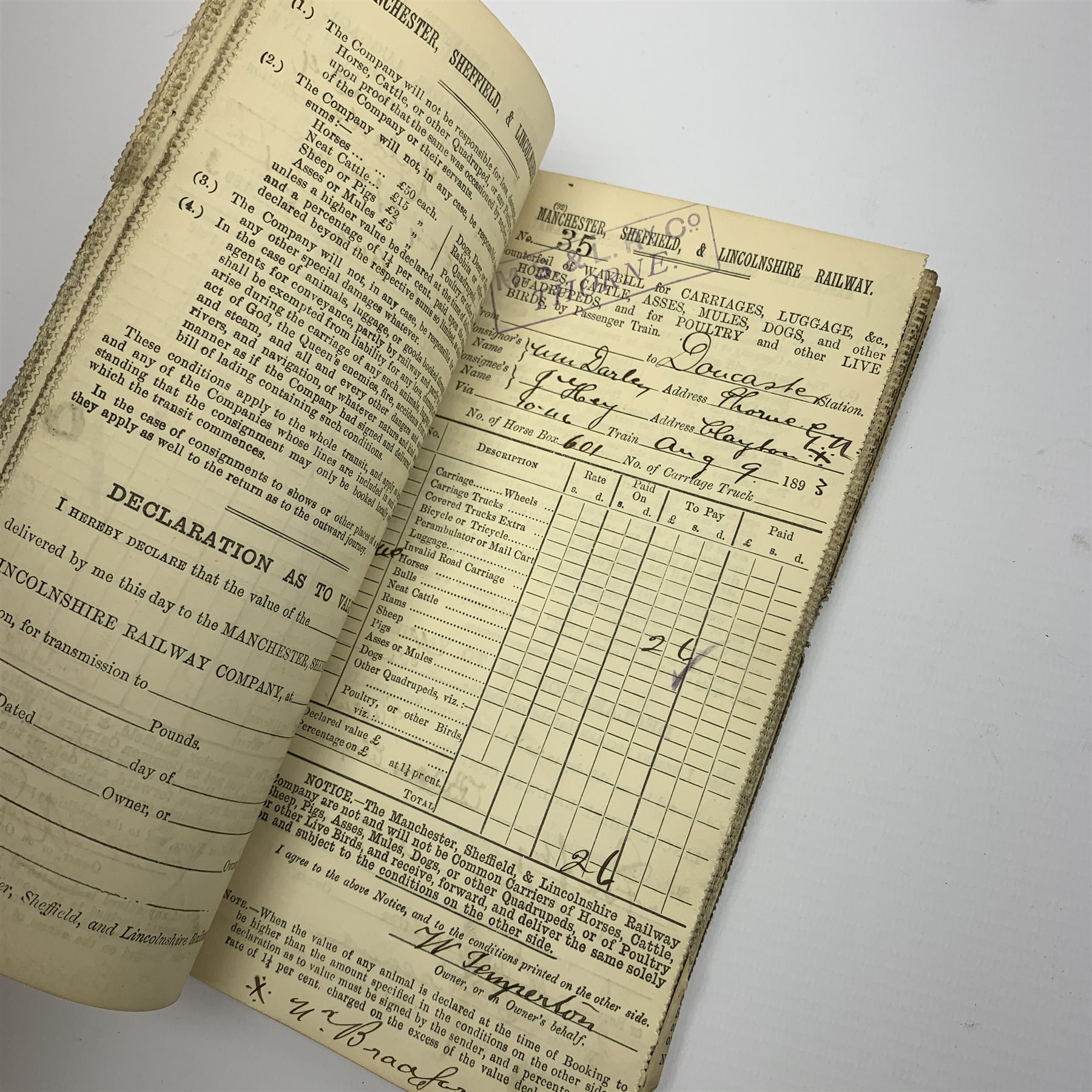  Manchester, Sheffield and Lincolnshire Railway - manuscript Waybill Counterfoil Book, Parcel Delivery Book and Working Timetable of Excursion and Special Trains, all dated 1894, and 1877 manuscript circular regarding Season Excursion Tickets with charges verso, LNER Telegram Code Book 1939 and six BR publications  