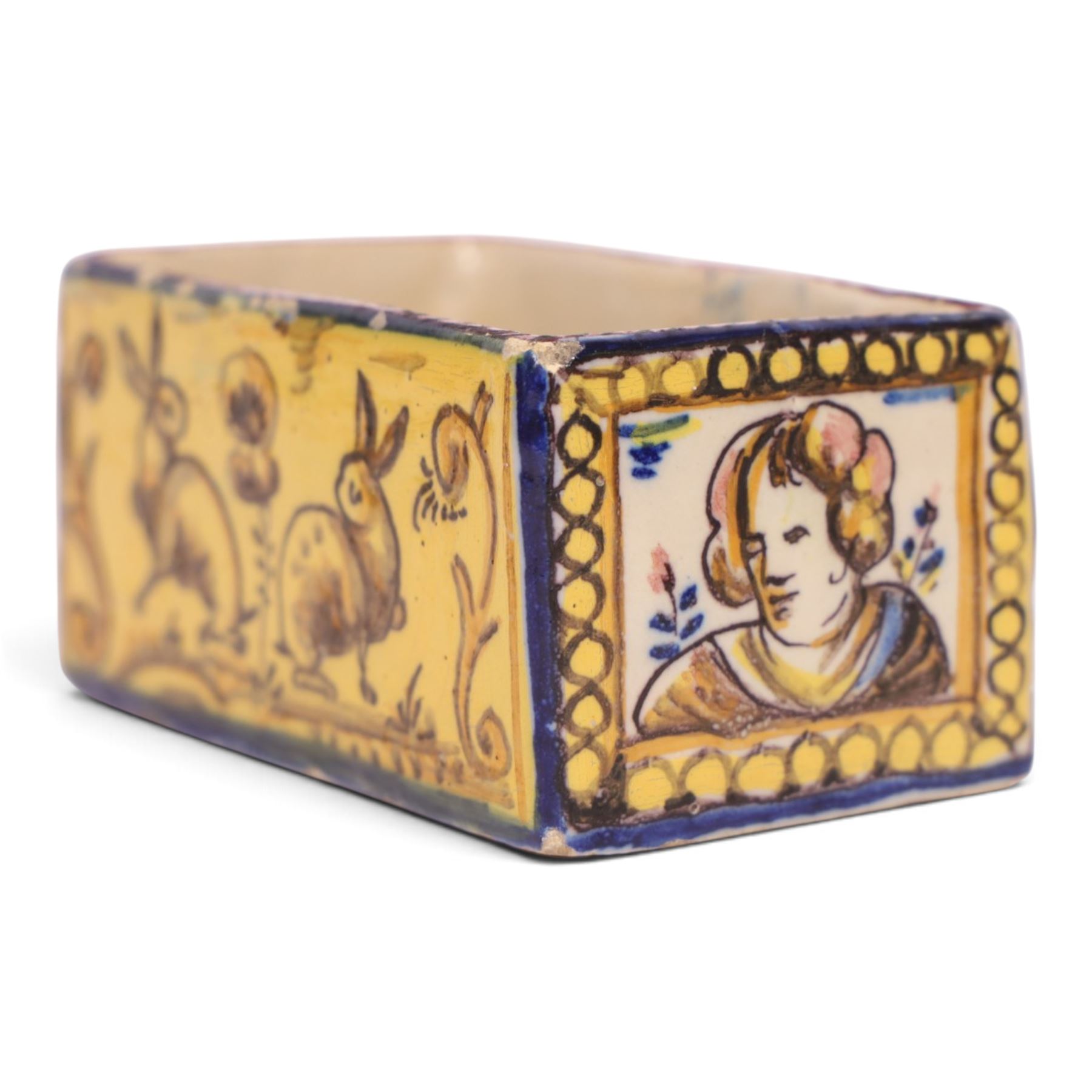 19th century Spanish faience pot of rectangular form with polychrome tin glaze decorated depicting birds and rabbits upon a yellow ground, H6cm, L12cm