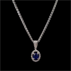  White gold sapphire and diamond cluster pendant, hallmarked 18ct, on 9ct white gold chain necklace stamped 375  