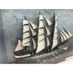 Ship Diorama, three-masted clipper at sea against a painted background, H52cm, L87cm
