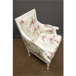  Cream painted French style armchair upholstered in floral fabric, turned and fluted supports, W65cm  