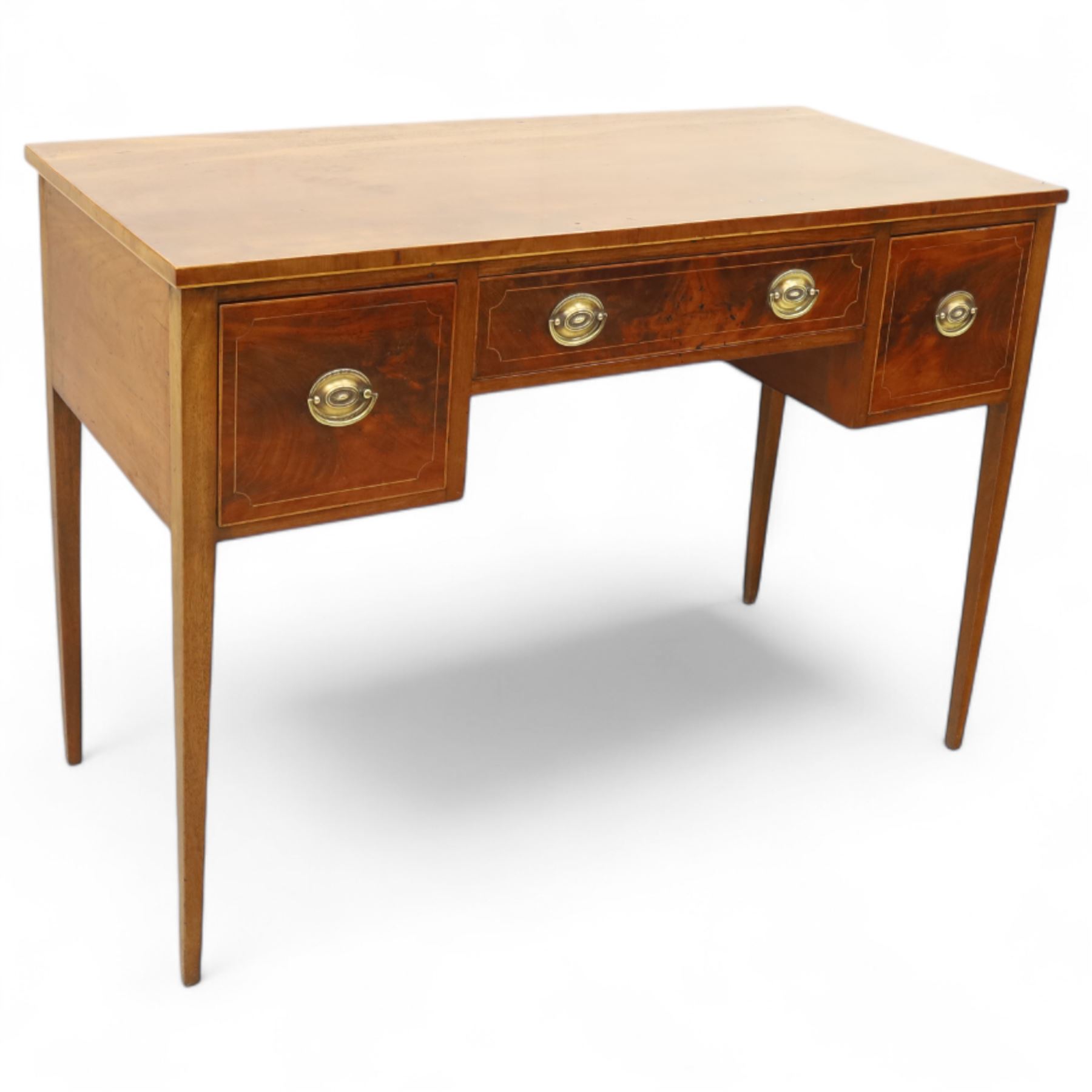 George III inlaid mahogany side table, rectangular top over three cockbeaded drawers with oval brass backplates and handles, on square tapering supports