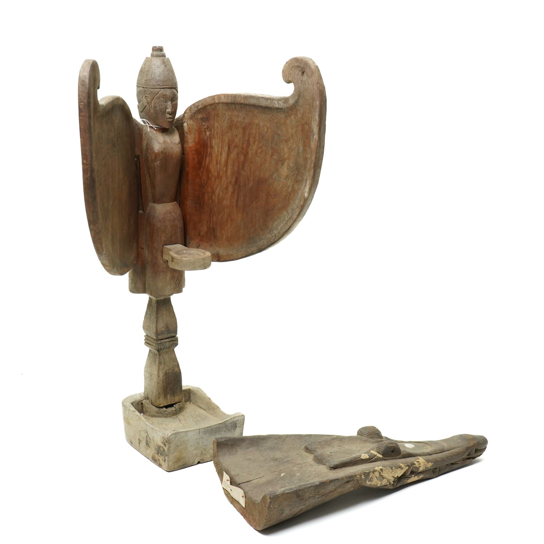 East-Java winged oil lamp, dlupak/ celupak, H64cm and a canoe prow from Sepik river, Papua New Guinea carved as the head of a crocodile L42cm