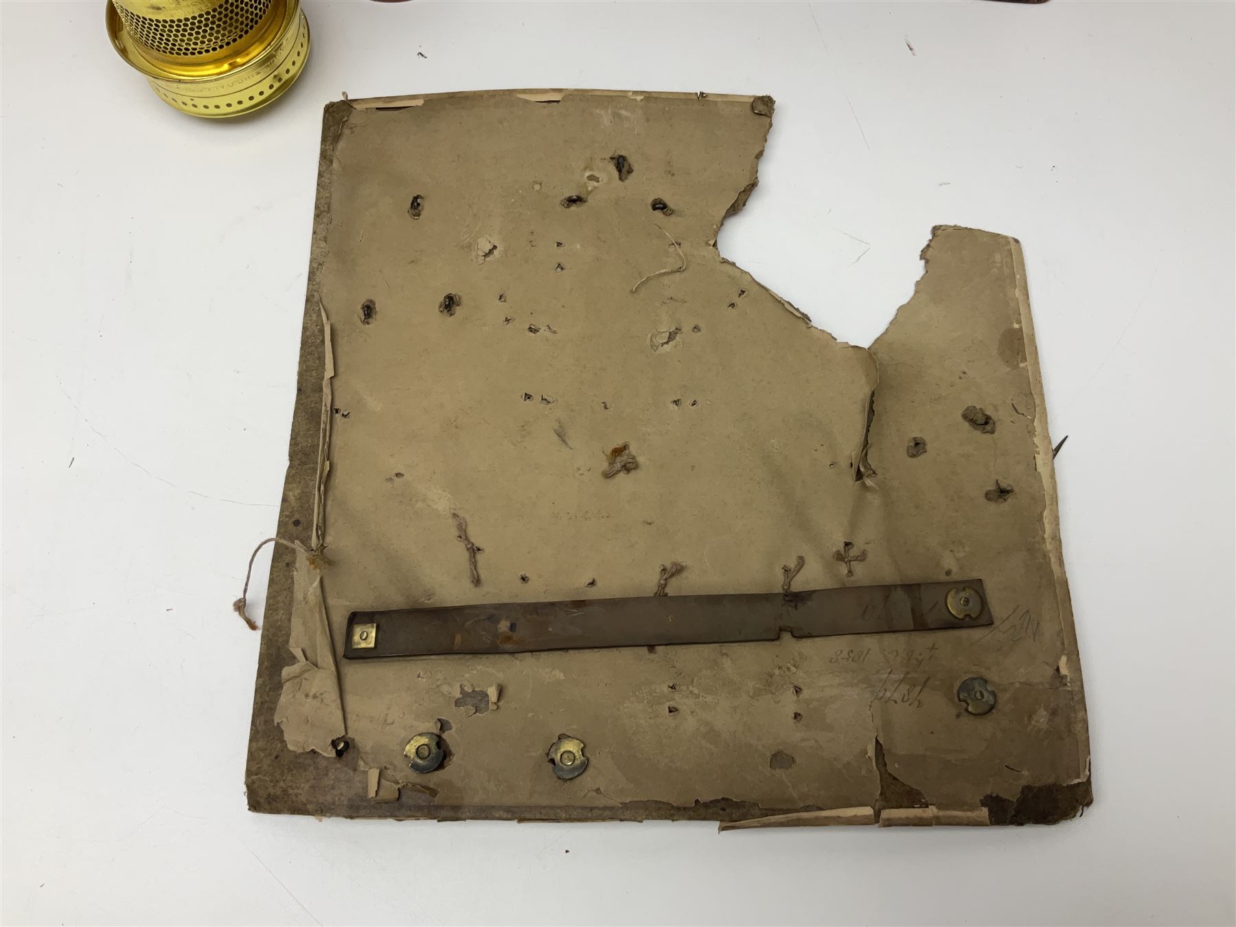 Pair of turned wooden goblets, six hardstone eggs, vintage slide rule and a leather letter rack, etc