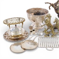 Silver plate footed bowl, together with salvers, brass animals and other metal ware 