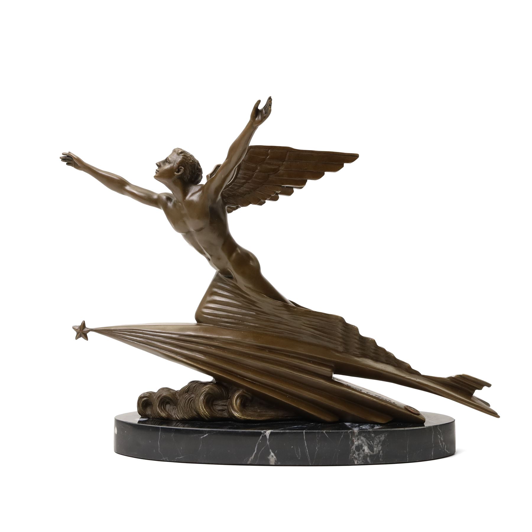 After Frédéric Charles Focht (French 1879-1937): L'aviation, contemporary bronze bearing signature and foundry mark, on marble base, overall H31cm