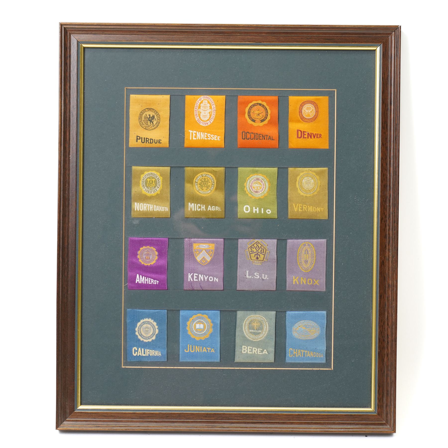 Set of sixty American University cigarette silks in four frames