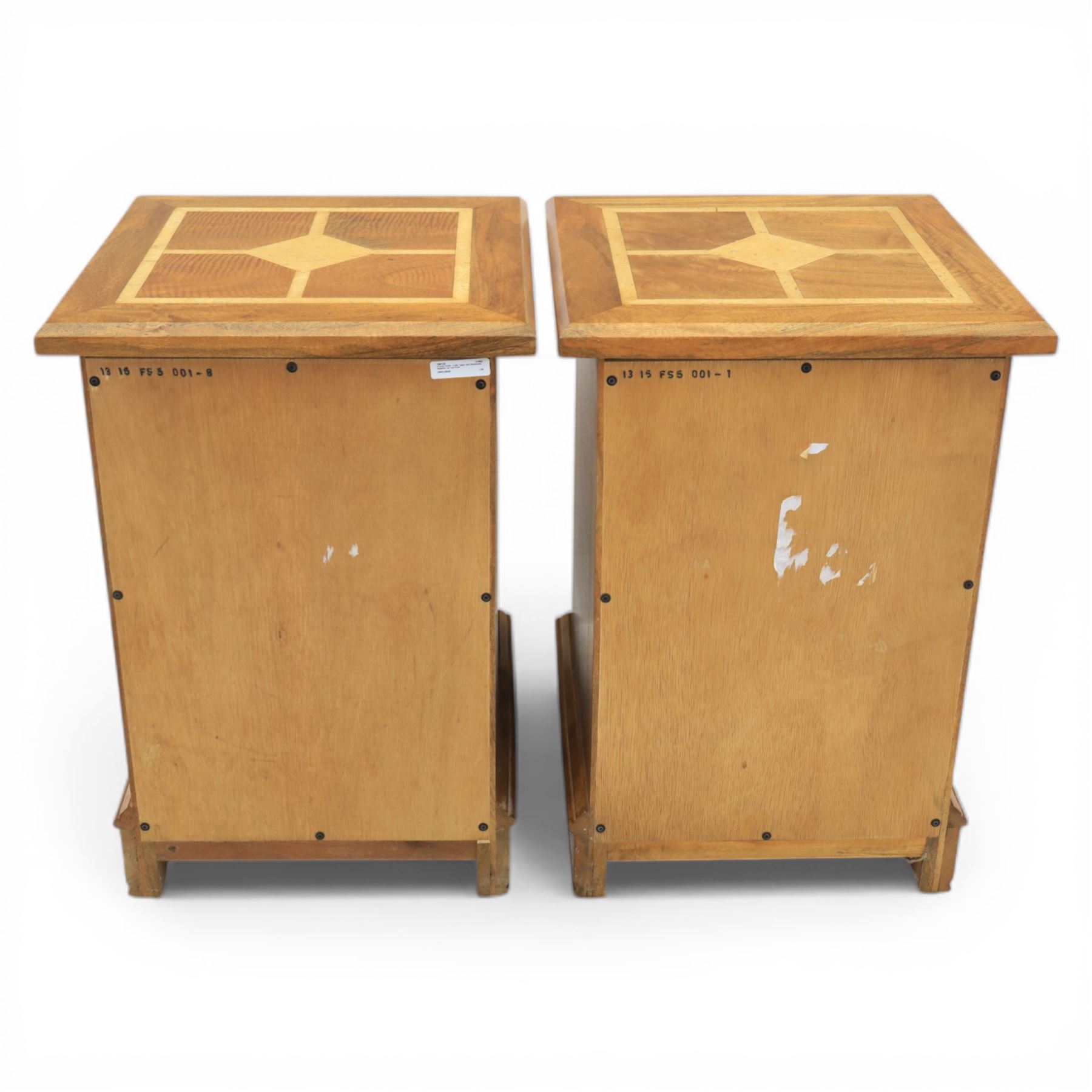 Barker & Stonehouse - 'Flagstone' pair of bedside chest, square top made of solid mango wood with stone travertine inserts, above three drawers applied with stone and metal ring pulls with star detail, raised on a shaped bracket base