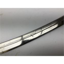 19th Century Indian Tulwar sword with 77cm single edged, slightly curved fullered blade;  steel crossguard, langets, grip and spiked disc pommel with stiff leaf decoration L90cm overall