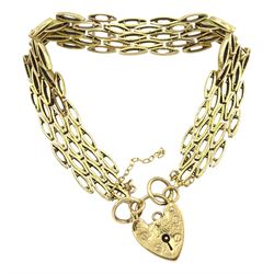 9ct gold fancy marquise link bracelet with heart clasp, hallmarked 