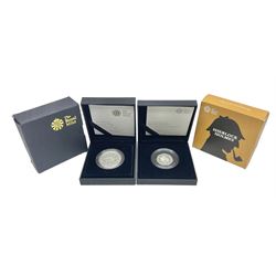 Two The Royal Mint United Kingdom silver proof coins, comprising 2009 'Henry VIII' five pounds and 2019 'A Celebration of Sherlock Holmes' piedfort fifty pence