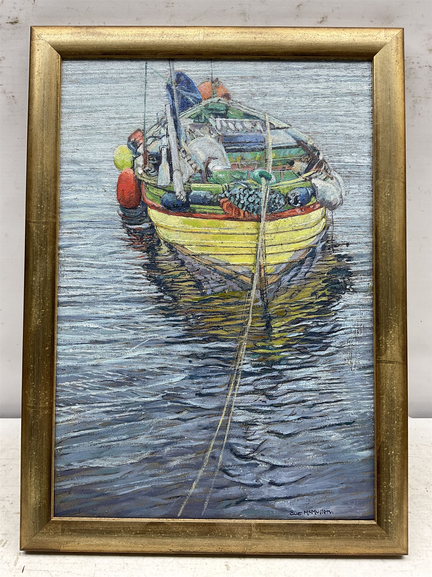 Sue McMullen (British Contemporary): Moored Coble, oil on canvas signed 35cm x 24cm