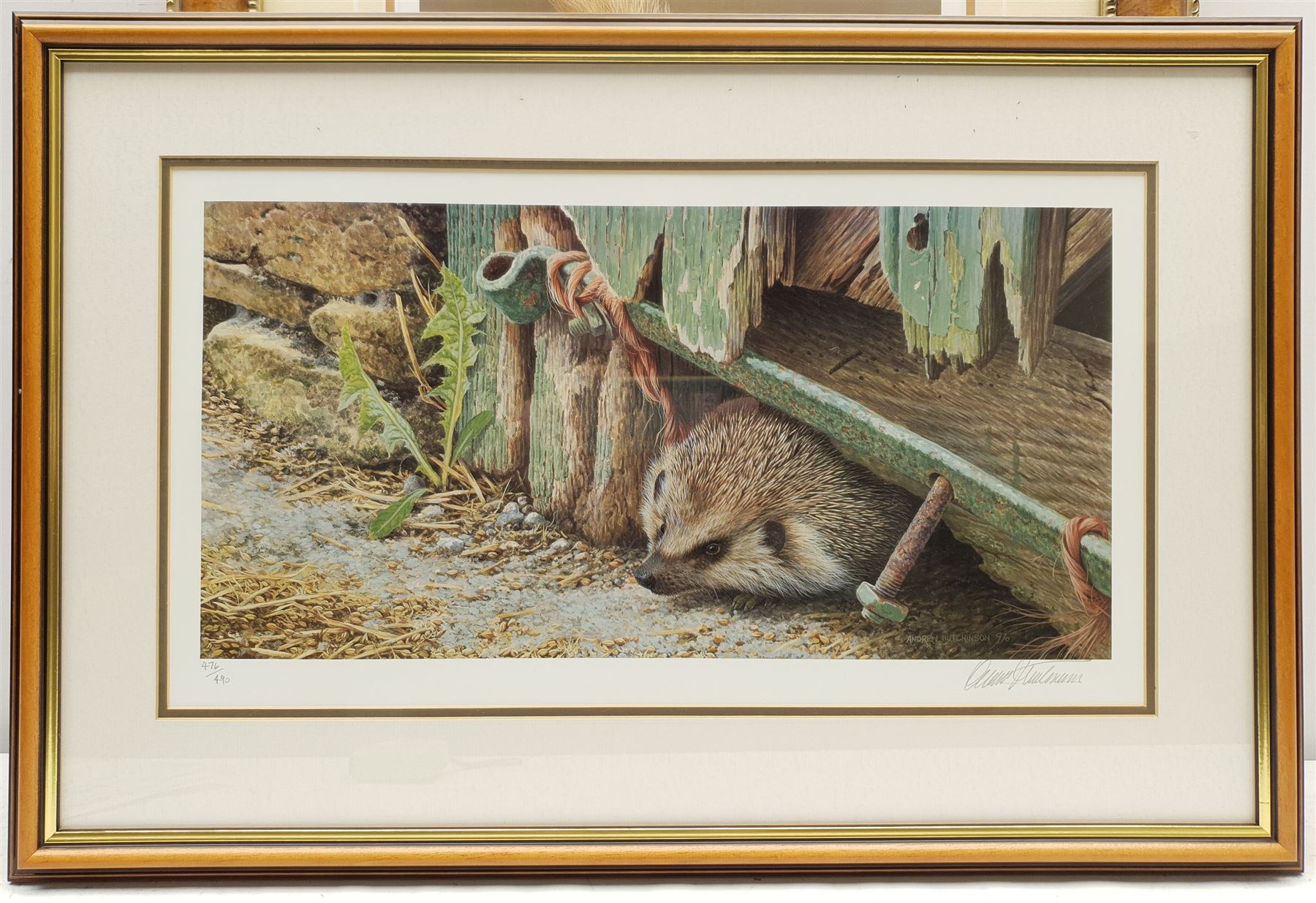 Robert E Fuller (British 1972-): 'Squirrel Nutkin', limited edition colour print signed and numbered 572/850 in pencil 34cm x 27cm; Andrew Hutchinson (British 1961-): Hedgehog, limited edition colour print signed and numbered 476/490 in pencil 22cm x 44cm (2)
