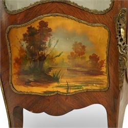 Louis XV revival kingwood Vernis-Martin serpentine fronted vitrine cabinet, arched top with gilt brass foliate mounts, glazed door with two shelves above three painted panels, depicting pastoral scenes, supported on out-swept cabriole legs with gilt brass mounts and sabots.