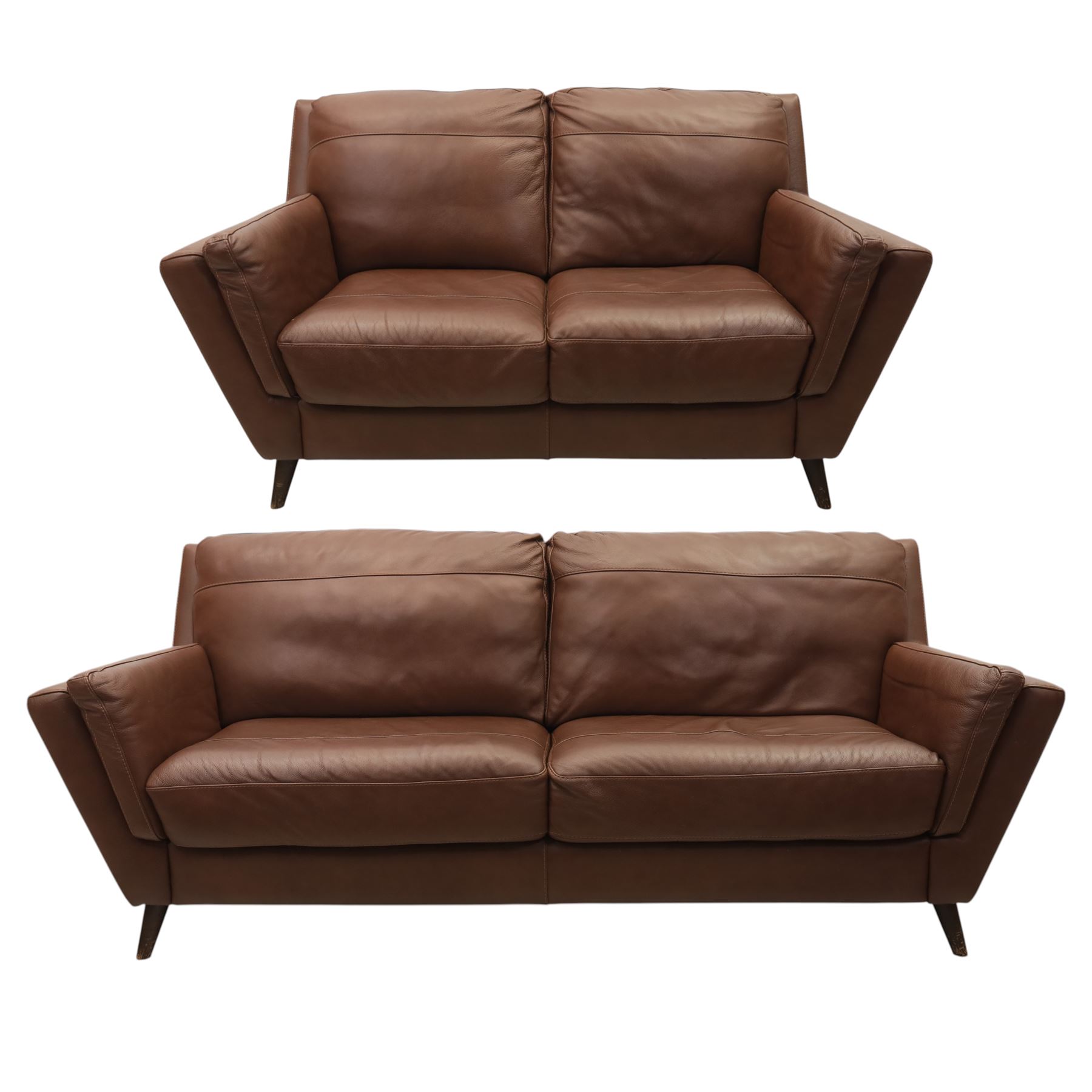 Sofology - grand two cushion three seat sofa, and matching two seater, upholstered in cocoa brown leather
Lengths: 210cm and 165cm