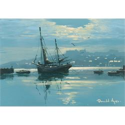 Donald Ayres (British 1936-): View of Whitby Harbour at Night, oil on board signed 12cm x 17cm